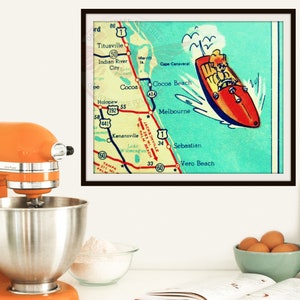 COCOA BEACH map art, retro Florida photograph, 1960's Florida decor, coastal decor art, beach bathroom wall art, image 2