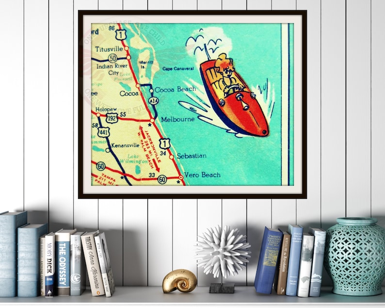 COCOA BEACH map art, retro Florida photograph, 1960's Florida decor, coastal decor art, beach bathroom wall art, image 4