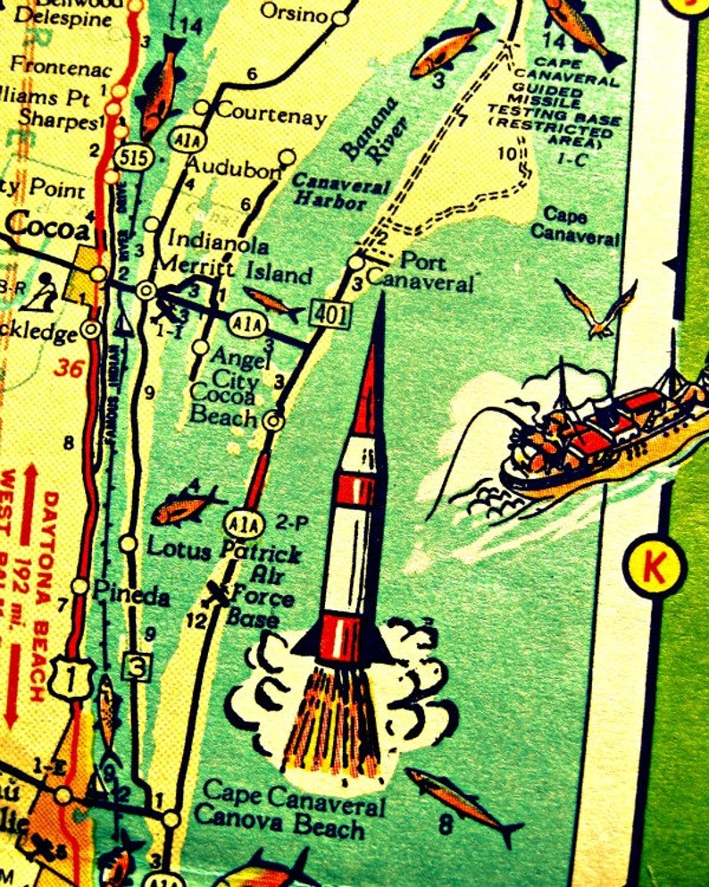 Retro CAPE CANAVERAL map art print Mid Century Florida map Etsy