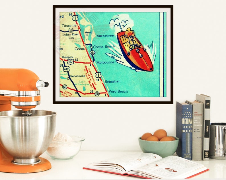 COCOA BEACH map art, retro Florida photograph, 1960's Florida decor, coastal decor art, beach bathroom wall art, image 2