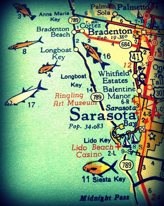 Sarasota Siesta Key Florida 11x14 vintage map photograph beach Etsy