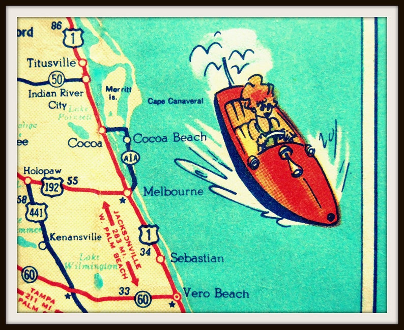 COCOA BEACH map art, retro Florida photograph, 1960's Florida decor, coastal decor art, beach bathroom wall art, image 3