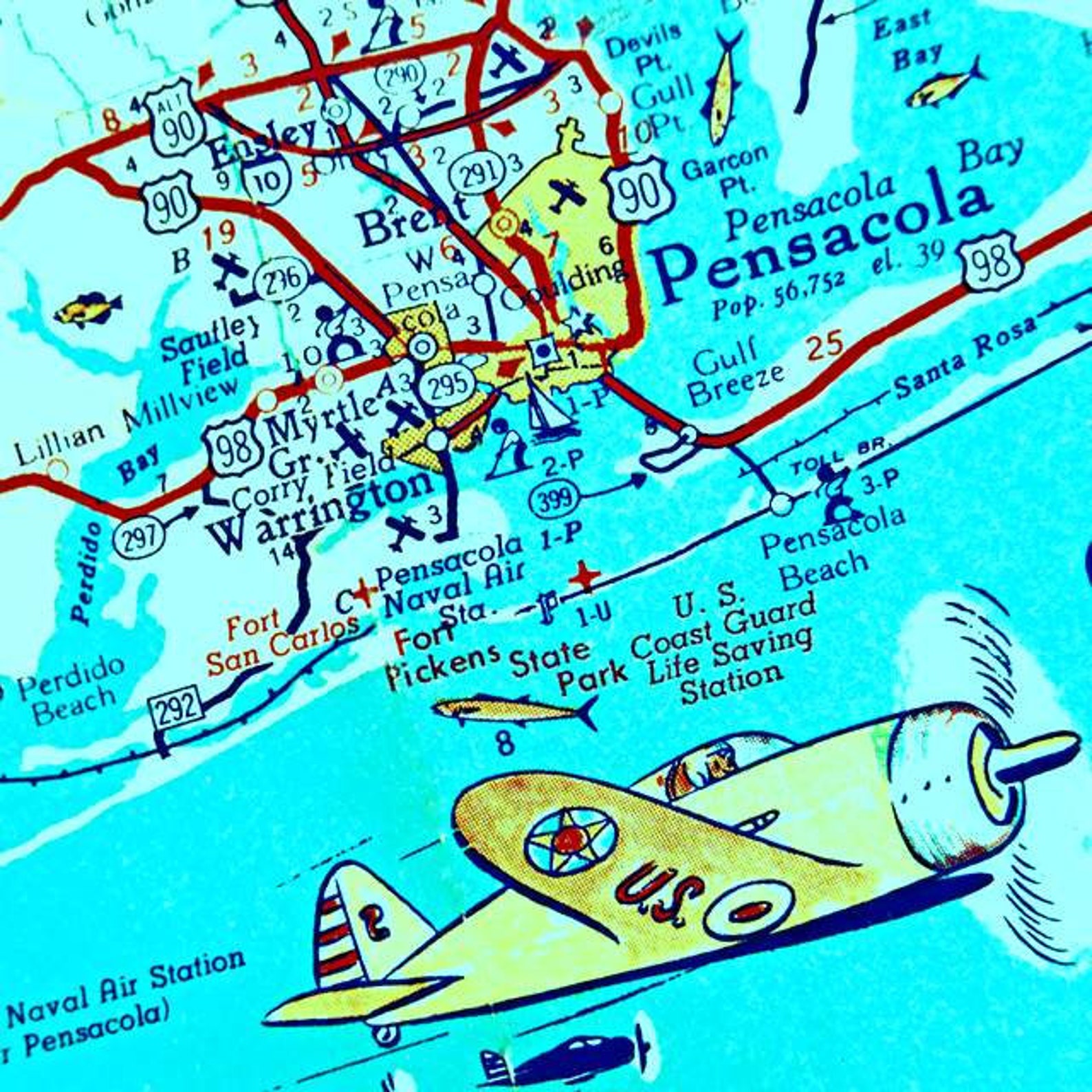 PENSACOLA BEACH Print retro Florida art Pensacola map print | Etsy
