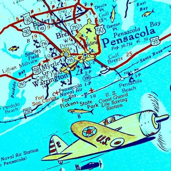 PENSACOLA BEACH 12x12 20x20 retro Florida art panhandle map Etsy
