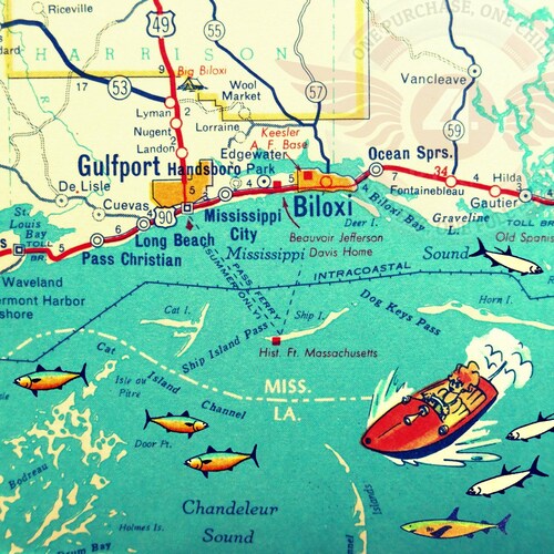 Map Of Mississippi Beaches Mississippi Coast Map Art C. 1855 11 X 17 And Up | Etsy Uk