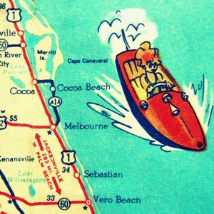 COCOA BEACH map art, retro Florida photograph, 1960's Florida decor, coastal decor art, beach bathroom wall art, image 1