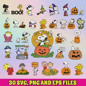 May include: A collection of thirty digital illustrations featuring Snoopy, Woodstock, and other Peanuts characters in various Halloween costumes, including pumpkins, ghosts, witches, and vampires, with text elements like BOO, WHAT, and Trick or Treat.