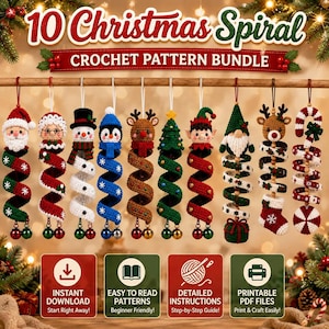 May include: A digital graphic displaying 10 Christmas spiral crochet pattern bundle ornaments. The ornaments feature characters including Santa, a snowman, a penguin, a reindeer, a tree, an elf, a gnome, and a candy cane, all with spiral bodies.