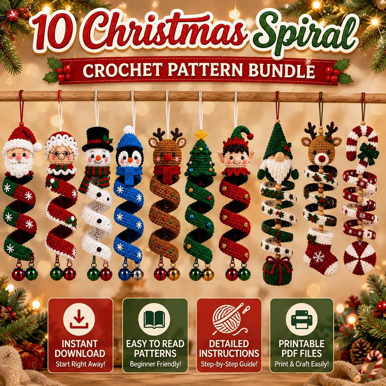 10 in 1 Christmas Crochet Spiral Pattern Bundle PDF, Santa Snowman Reindeer Elf Penguin, Amigurumi Ornament Digital Download.