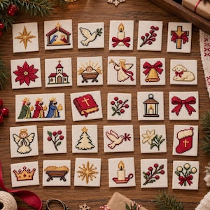 Peut inclure: Une collection de vingt-neuf carrés de tissu brodés au point de croix présentant divers motifs de Noël, notamment une crèche, une colombe, des bougies, une église, un ange, une Bible, une chaussette, un sapin et des branches de fleurs.