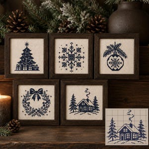 Kerstborduurpatroon - Set van 5 Scandinavische wintermotieven - Sneeuwvlok, Krans, Kerstornament, Monochroom zwartborduurwerk - Direct te downloaden