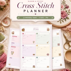 Peut inclure: Un planificateur de point de croix Bloom & Stitch avec 12 pages imprimables en 3 tailles au format PDF. Le planificateur comprend une page de file d'attente WIP avec des sections aux couleurs pastel pour les détails du projet, incluant des espaces pour les dates, le nombre de fils et de petites illustrations florales.