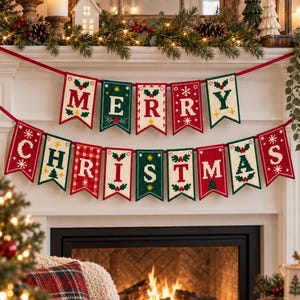 May include: A two-tiered Christmas banner featuring individual pennants in red, green, and cream colors. The pennants spell out MERRY CHRISTMAS in white block letters, decorated with cross-stitch style patterns of holly, snowflakes, and stars.