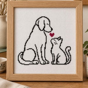 Dog and Cat Cross Stitch Pattern, Minimalist Line Art Chart with Red Heart, Dog Lover Gift, Pet Wall Art, Instant PDF