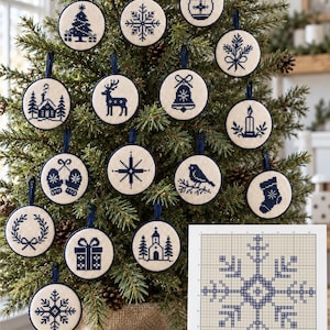 Christmas Cross Stitch Pattern Set - 16 Mini Christmas Ornaments Sampler - One Colour Monochrome Counted Chart - Instant Download