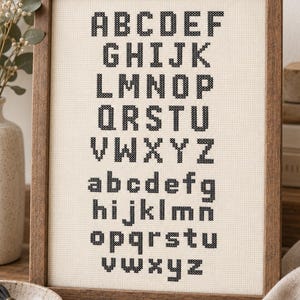以下が含まれることがあります： 大文字と小文字のアルファベット全体が刺繍された、額縁入りのクロスステッチサンプラー。黒い刺繍文字が明るいベージュの布地にグリッド状に配置されており、木製のフレームに収められている。