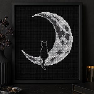 Peut inclure: Un cadre noir carré contenant une broderie au point de croix sur tissu noir. Le motif représente un croissant de lune blanc avec des ombrages détaillés et la silhouette noire d'un chat assis sur la courbe inférieure de la lune, de dos.