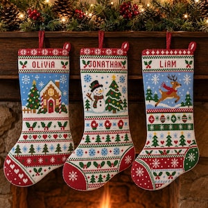 May include: Three needlepoint Christmas stockings featuring festive patterns. The left stocking displays a gingerbread house and the name OLIVIA. The center stocking shows a snowman and the name JONATHAN. The right stocking features a reindeer and the name LIAM.