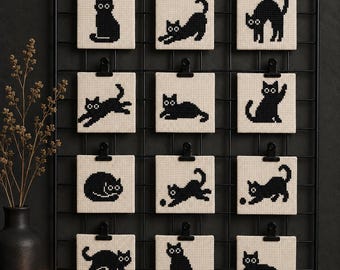 Wzór haftu krzyżykowego „Czarny kot” – 12 miniaturowych kotów – Miniaturowy wzór haftu krzyżykowego, prezent dla miłośnika kotów, Halloween – do pobrania natychmiast