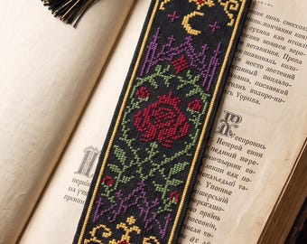 Patrón de marcapáginas de punto de cruz de rosa gótica, PDF de punto de cruz contado de rosa negra, gráfico de marcapáginas floral oscuro, descarga instantánea de estilo gótico victoriano