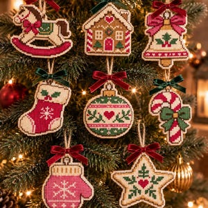 May include: A set of eight cross-stitch Christmas ornaments featuring a rocking horse, gingerbread house, bell, stocking, bauble, candy cane, mitten, and star. Each ornament is crafted with fabric, detailed with festive motifs, and topped with a small velvet bow.