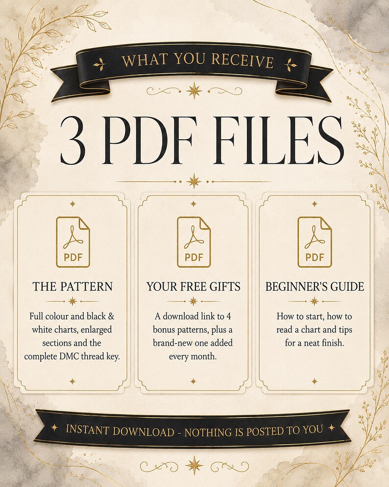 Może przedstawiać: Cyfrowa infografika z tytułem WHAT YOU RECEIVE oraz napisem 3 PDF FILES. Zawiera trzy prostokątne ramki z ikonami PDF oraz tekst opisujący THE PATTERN, YOUR FREE GIFTS i BEGINNER'S GUIDE dotyczące haftowania.