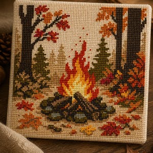 Könnte beinhalten: Ein quadratisches Kreuzstich-Stickbild auf beigem Stoff mit einem Lagerfeuermotiv. Das Design zeigt ein leuchtend gelbes, oranges und rotes Feuer, umgeben von dunklen Holzscheiten, inmitten eines Waldes aus grünen Tannen und herbstlichen Ahornbäumen.