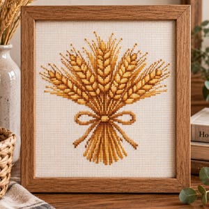 May include: A square wooden frame containing a cross-stitch embroidery of a golden wheat sheaf. The wheat stalks are rendered in various shades of yellow and brown thread, tied together with a small bow at the base on a white Aida fabric background.