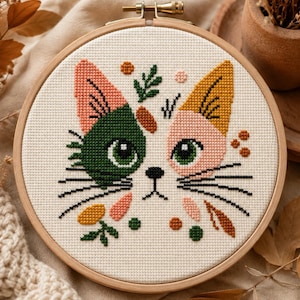 May include: A cross-stitch embroidery project in a round wooden hoop featuring a stylized cat face. The cat has one dark green side and one light pink side, with large green eyes, a black nose, and whiskers. Small botanical elements in orange, green, and pink surround the cat's face on a cream-colored fabric background.