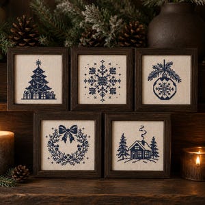 Christmas Cross Stitch Pattern - Set of 5 Nordic Winter Motifs - Snowflake, Wreath, Ornament Chart, Monochrome Blackwork - Instant Download