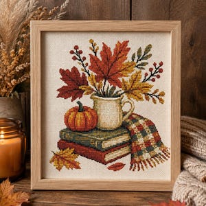 May include: A framed cross-stitch embroidery featuring a cream-colored pitcher filled with red and yellow autumn leaves, a small orange pumpkin, and a stack of two books draped with a red, green, and yellow plaid fringed scarf.