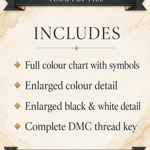 Może przedstawiać: Cyfrowy arkusz informacyjny z kremowym tłem i czarnymi banerami. Tekst brzmi: YOUR PDF FILE, INCLUDES, Full colour chart with symbols, Enlarged colour detail, Enlarged black & white detail, Complete DMC thread key, EVERYTHING YOU NEED TO STITCH WITH CONFIDENCE.