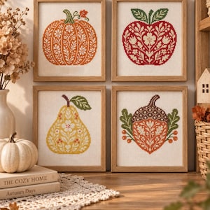 Scandinavian Folk Art Cross Stitch Pattern Bundle, Fall Cross Stitch Pattern, Pumpkin Apple Pear Acorn, Otomi, Autumn Cross Stitch Set