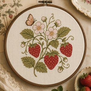 May include: A circular wooden embroidery hoop containing a cross-stitch pattern on white fabric. The design features three red strawberries, green leaves, small white flowers with yellow centres, and a small brown butterfly on the upper left side.