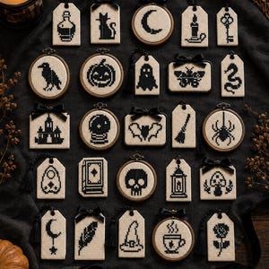 Halloween Cross Stitch Pattern 25 Mini Cross Stitch Motifs Gothic Sampler PDF Download Witchy Blackwork Chart One Color Easy