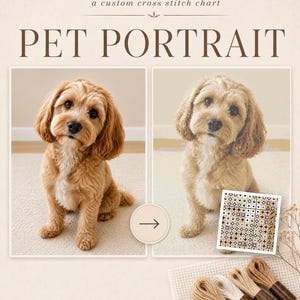 Può includere: Un servizio di schema a punto croce personalizzato con la foto di un cane marrone dorato accanto al suo motivo pixelato. Il testo recita FROM YOUR PHOTO, PET PORTRAIT e COLOUR + BLACK & WHITE CHART. Include filati da ricamo in vari toni.
