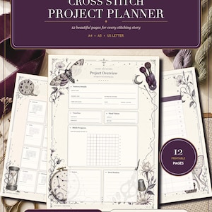 Puede incluir: Un planificador de proyectos de punto de cruz digital con un encabezado morado oscuro que incluye el texto Ivory Nocturne Cross Stitch Project Planner. Las páginas color crema incluyen secciones para detalles de patrones, cronogramas y progreso.