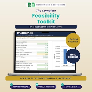 May include: A digital dashboard displayed on a laptop screen titled The Complete Feasibility Toolkit for Real Estate Development & Investment. It includes financial metrics, a bar chart, and two circular badges labeled 20-ITEM CHECKLIST and LEGAL CHECKLIST.