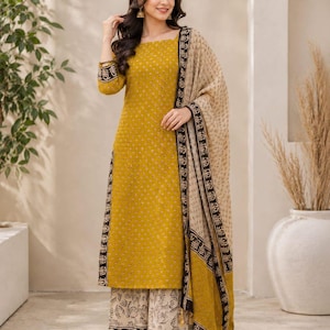Mustard Yellow Pure Cotton Kurta Set – Printed Palazzo & Dupatta (3-Piece Ethnic Wear)