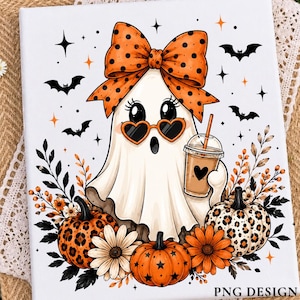 May include: A white ghost illustration wearing heart-shaped sunglasses and a large orange bow with black polka dots. The ghost holds an iced coffee cup with a heart icon. Surrounded by leopard print pumpkins, orange flowers, and black bats.