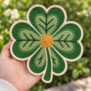 Puede incluir: Un posavasos de ganchillo con forma de trébol de cuatro hojas en hilo verde oscuro, verde claro y amarillo. El trébol tiene un centro amarillo, nervaduras verde oscuro en cada hoja y un borde de color crema alrededor de la forma.