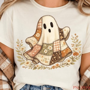 Patchwork Floral Ghost Png, Cozy Halloween Bow Ghost Sublimation, Vintage Quilt Pumpkin Clipart, Retro Fall Spooky Cute Design, Digital Png