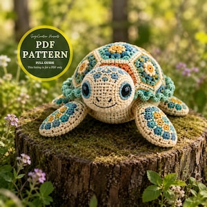 May include: A crochet turtle toy featuring a shell made of multi-coloured floral motifs in shades of teal, cream, and orange. The turtle has large black eyes and a cream-coloured head. A circular yellow badge displays the text PDF PATTERN FULL GUIDE.