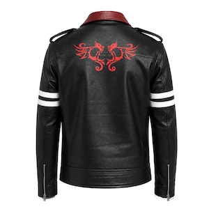 May include: A black jacket featuring a dark red collar, two white horizontal stripes on each sleeve, and a red graphic design of two symmetrical winged creatures on the upper back. The jacket includes shoulder epaulets and silver zippers at the cuffs.