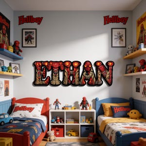 May include: A wall-mounted sign spelling the name ETHAN in large, block letters featuring a red and tan Hellboy-themed graphic pattern. The letters are outlined in black and mounted on a light-colored wall between two beds in a bedroom.