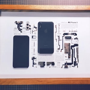 May include: A framed display featuring a disassembled iPhone X with its internal components laid out and labeled on a white background. The wooden frame surrounds the device parts, including the screen, back casing, camera, and mainboard.