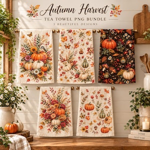 Può includere: Cinque strofinacci con disegni di raccolto autunnale che includono zucche, foglie autunnali, fiori e farfalle. La collezione presenta sfondi chiari e scuri con illustrazioni botaniche e motivi stagionali, presentati come un pacchetto PNG digitale.