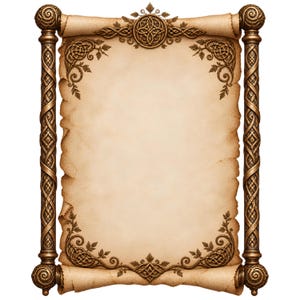Puede incluir: Un pergamino vertical con una superficie texturizada de color bronceado claro. El pergamino está enmarcado por dos pilares de color bronce con intrincados patrones trenzados y rematados con elementos decorativos metálicos circulares.