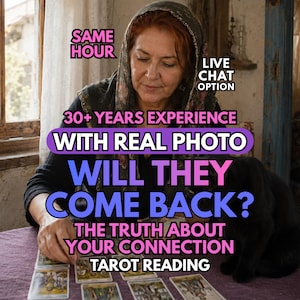 May include: A person wearing a dark headscarf performs a tarot reading with multiple cards on a purple surface. Text overlays include SAME HOUR, LIVE CHAT OPTION, 30+ YEARS EXPERIENCE WITH REAL PHOTO, WILL THEY COME BACK?, and THE TRUTH ABOUT YOUR CONNECTION TAROT READING.
