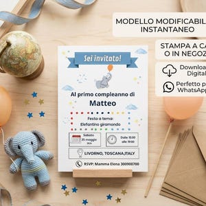 Può includere: Un invito di compleanno rettangolare con un banner blu con la scritta Sei invitato, un elefante a cartone animato che tiene un palloncino arancione e i dettagli per il primo compleanno di Matteo a Livorno, Italia, il 25 maggio 2024.